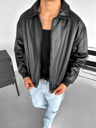 BOMBER FAUX LEATHER JACKET BLACK