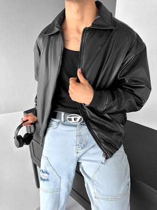 BOMBER FAUX LEATHER JACKET BLACK