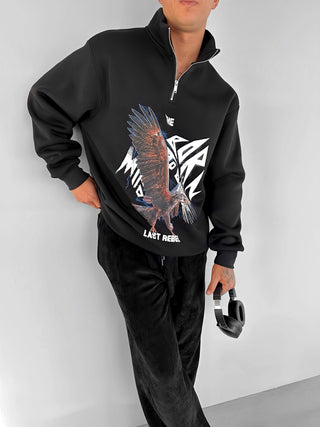 HALF ZIP OVERSIZE EAGLE SWEATSHIRT BLACK