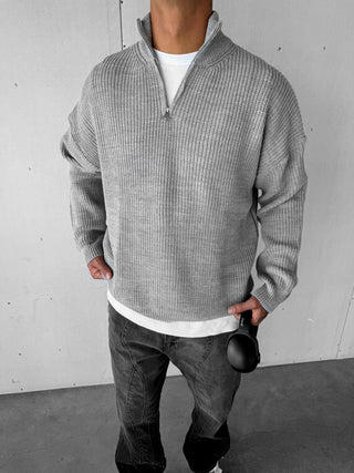 KNITTED RELAXED HALF ZIPPER SWEATER GRAY