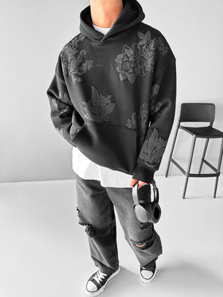 OVERSIZED EMBOSSED PATTERN HOODIE BLACK