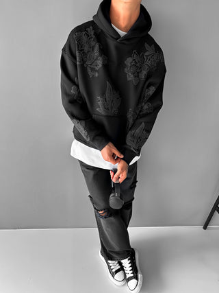 OVERSIZED EMBOSSED PATTERN HOODIE BLACK