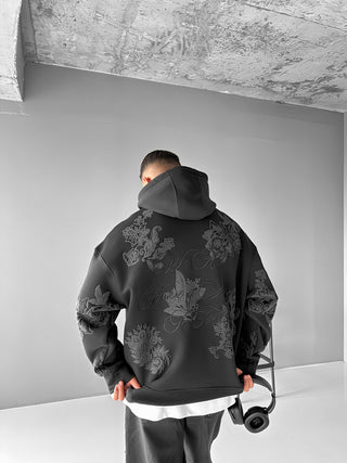 OVERSIZED EMBOSSED PATTERN HOODIE BLACK