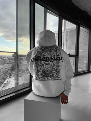 OVERSIZE DIMENSION PATTERNED FLEECE HOODIE WHITE-BLACK