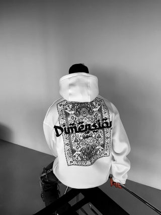 OVERSIZE DIMENSION PATTERNED FLEECE HOODIE WHITE-BLACK