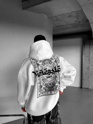 OVERSIZE DIMENSION PATTERNED FLEECE HOODIE WHITE-BLACK