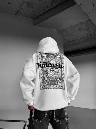 OVERSIZE DIMENSION PATTERNED FLEECE HOODIE WHITE-BLACK