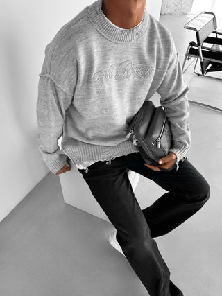 OVERSIZE DISTRESSED KNIT SWEATER GRAY