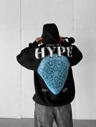 OVERSIZE HYPE PATTERNED FLEECE HOODIE BLACK