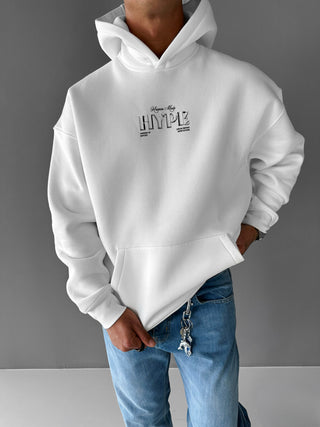 OVERSIZE HYPE PATTERNED FLEECE HOODIE WHITE