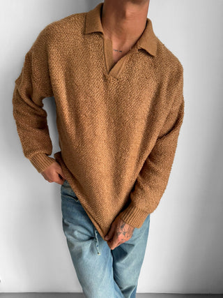 OVERSIZE KNIT PLUSH POLO SWEATER BROWN