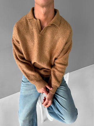 OVERSIZE KNIT PLUSH POLO SWEATER BROWN