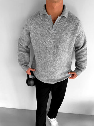 OVERSIZE KNIT PLUSH POLO SWEATER GRAY