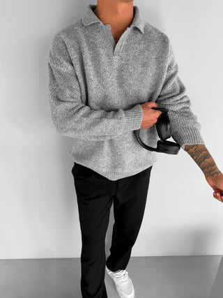 OVERSIZE KNIT PLUSH POLO SWEATER GRAY