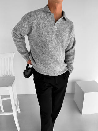 OVERSIZE KNIT PLUSH POLO SWEATER GRAY