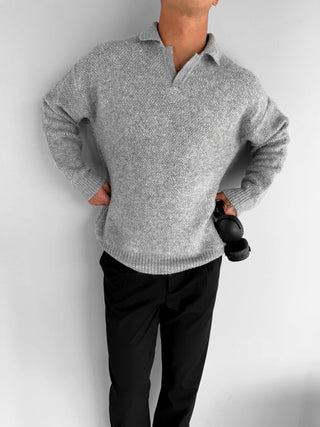 OVERSIZE KNIT PLUSH POLO SWEATER GRAY