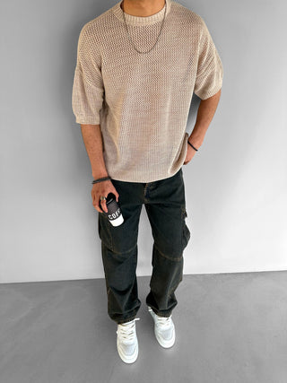 OVERSIZE MESH KNIT T-SHIRT BEIGE