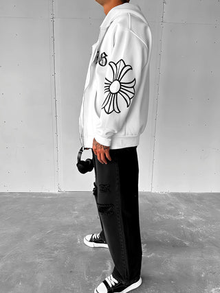 OVERSIZE MID FRONT ZIP HOODIE WHITE