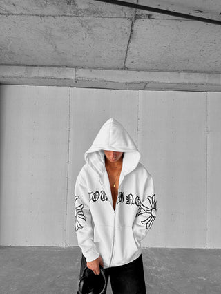 OVERSIZE MID FRONT ZIP HOODIE WHITE