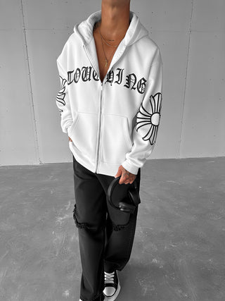 OVERSIZE MID FRONT ZIP HOODIE WHITE