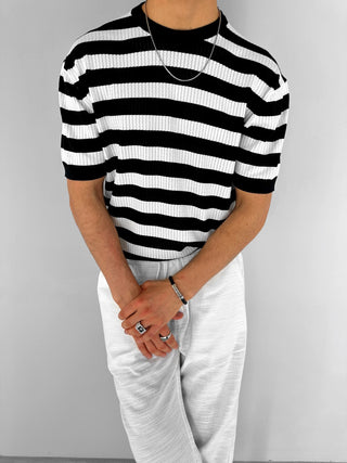 OVERSIZE STRIPED KNIT T-SHIRT BLACK