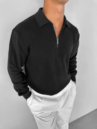 REGULAR FIT HALF ZIPPER KNIT POLO SWEATER BLACK