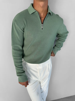 REGULAR FIT HALF ZIPPER KNIT POLO SWEATER GREEN