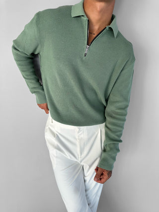 REGULAR FIT HALF ZIPPER KNIT POLO SWEATER GREEN