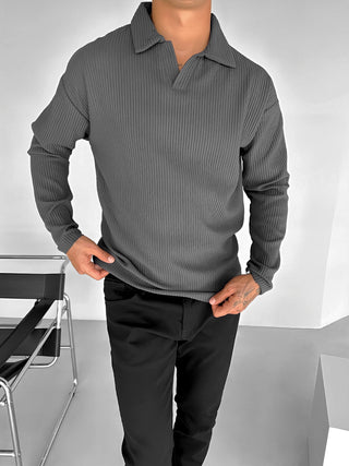 SLIM FIT RIBBED POLO SWEATER ANTHRACITE