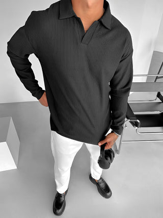 SLIM FIT RIBBED POLO SWEATER BLACK