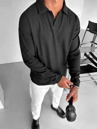 SLIM FIT RIBBED POLO SWEATER BLACK