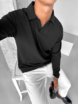 SLIM FIT RIBBED POLO SWEATER BLACK