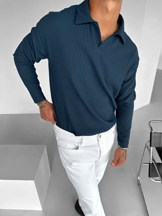 SLIM FIT RIBBED POLO SWEATER NAVY