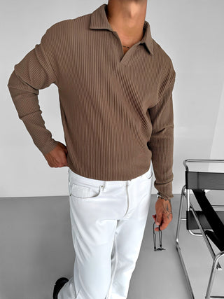 SLIM FIT RIBBED POLO SWEATER BROWN