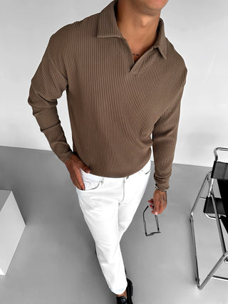 SLIM FIT RIBBED POLO SWEATER BROWN