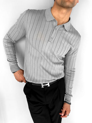 SLIM FIT RIBBED POLO SWEATER GRAY