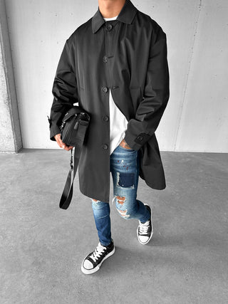 WATER-REPELLENT OVERSIZED TRENCH COAT BLACK