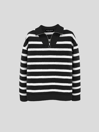 OVERSIZE ZIPPER STRIPED KNIT SWEATER 